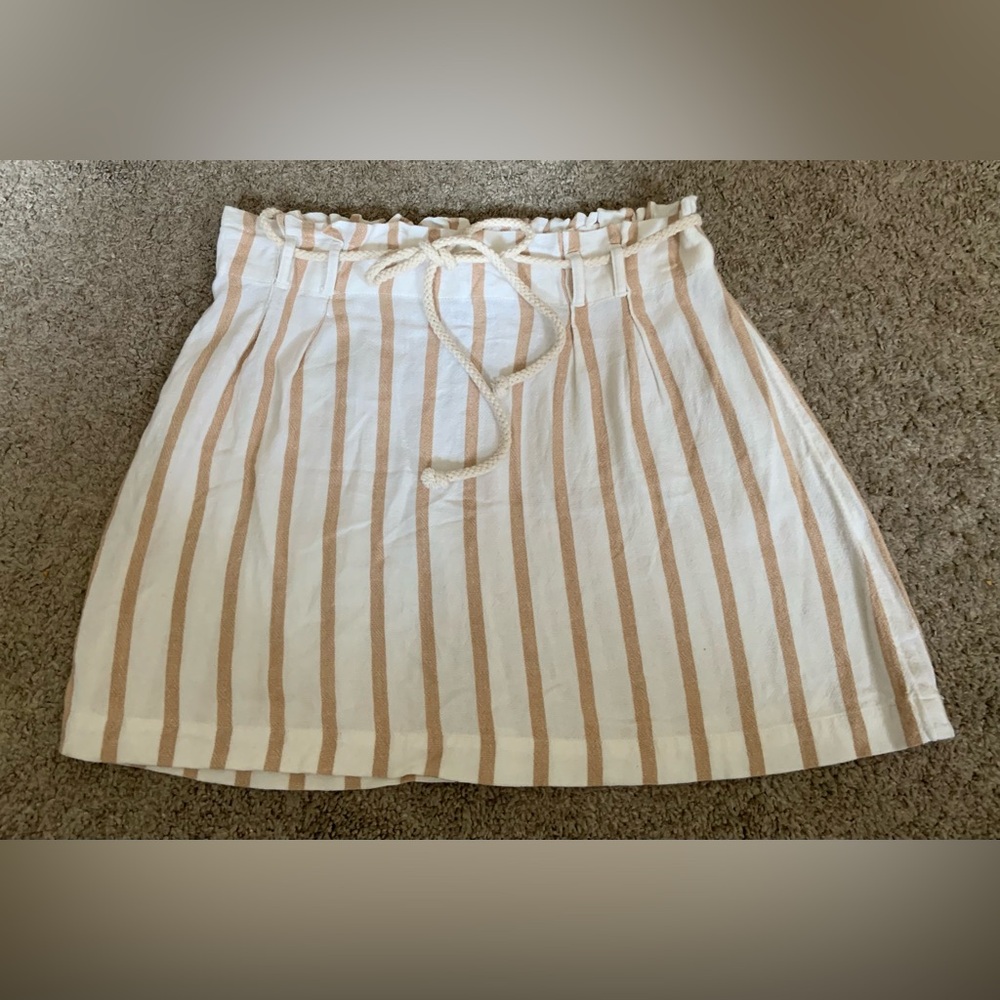 American Eagle Outfitters Striped Tan Tie Front Smocked Mini Skirt